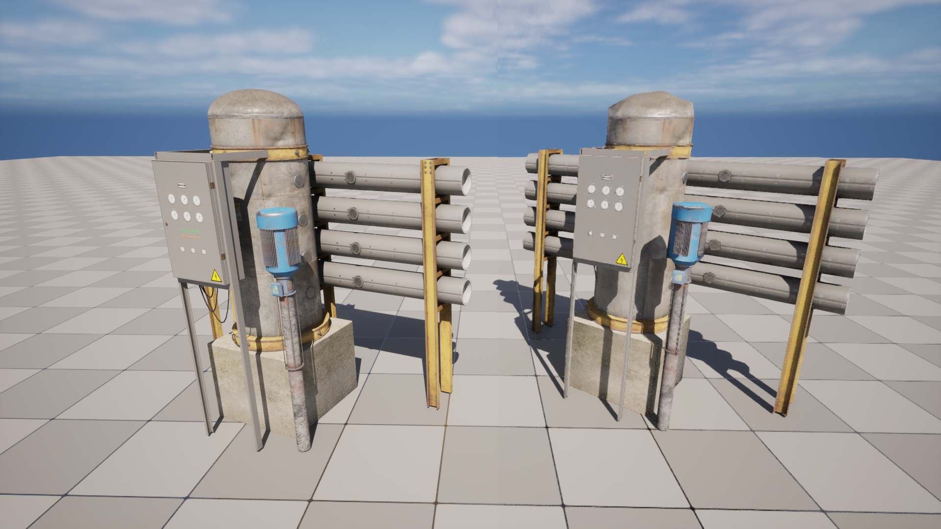 A high-poly prop next to its baked low-poly version