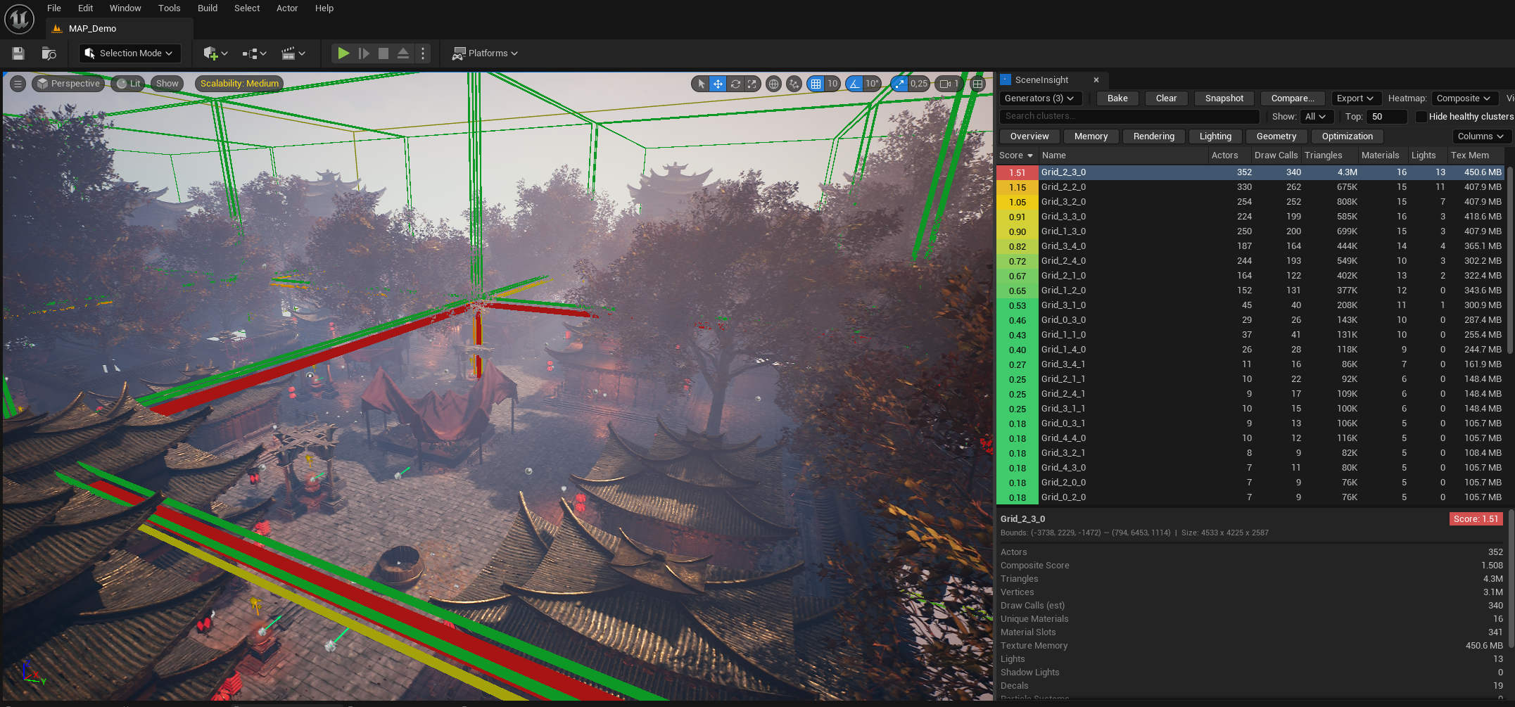 Scene Insight viewport heatmap — color-coded cluster boxes over a level