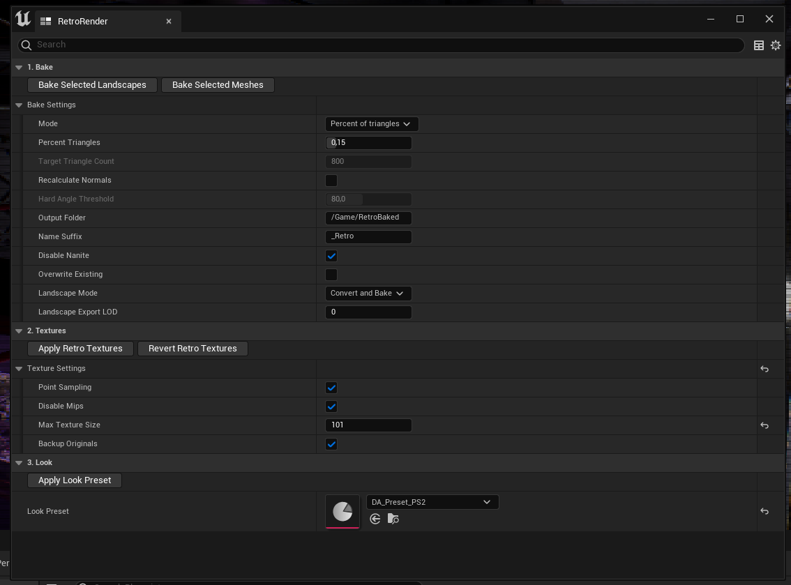 The RetroRender panel with the Bake / Textures / Look tabs